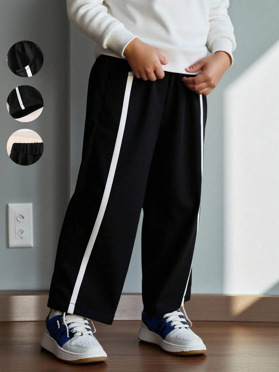 SHEIN 1 buc. Pantaloni sport casual negri pentru copii, potriviți pentru primăvară, vară, toamnă, iarnă, sezonul de întoarcere la școală - Negru - Vizualizare 1
