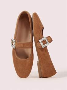 CUCCOO DOLLMOD Women's Fashion Charming Flat Loafers, Khaki Color, Faux Suede Material, Rhinestone Buckle, Square Toe, Commuting, Comfortable, Office, Street, Party, Travel, Vacation, Spring/Summer/Autumn - Khaki - View 2