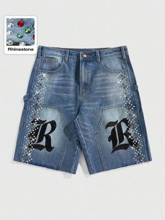 Street Life Men's Rhinestone Embroidery Graphic Cargo Denim Shorts