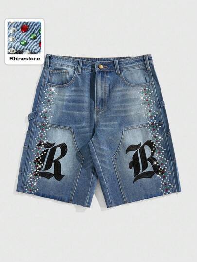 Street Life Men's Rhinestone Embroidery Graphic Cargo Denim Shorts