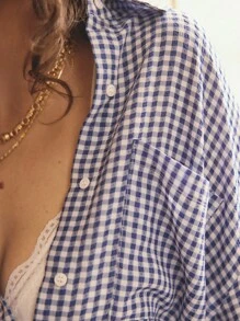 Aralina 睡衣可爱 Y2K 斯德哥尔摩风格夏季、冬季和秋季纹理心形面料细节格子方格肘袖衬衫 - 彩色 - 查看 6
