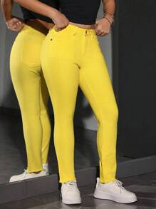 SHEIN PETITE 女式口袋紧身休闲百搭牛仔裤 - 黃色 - 查看 4