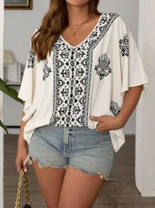 EMERY ROSE Chemise décontractée à manches chauve-souris avec imprimé vintage, grande taille