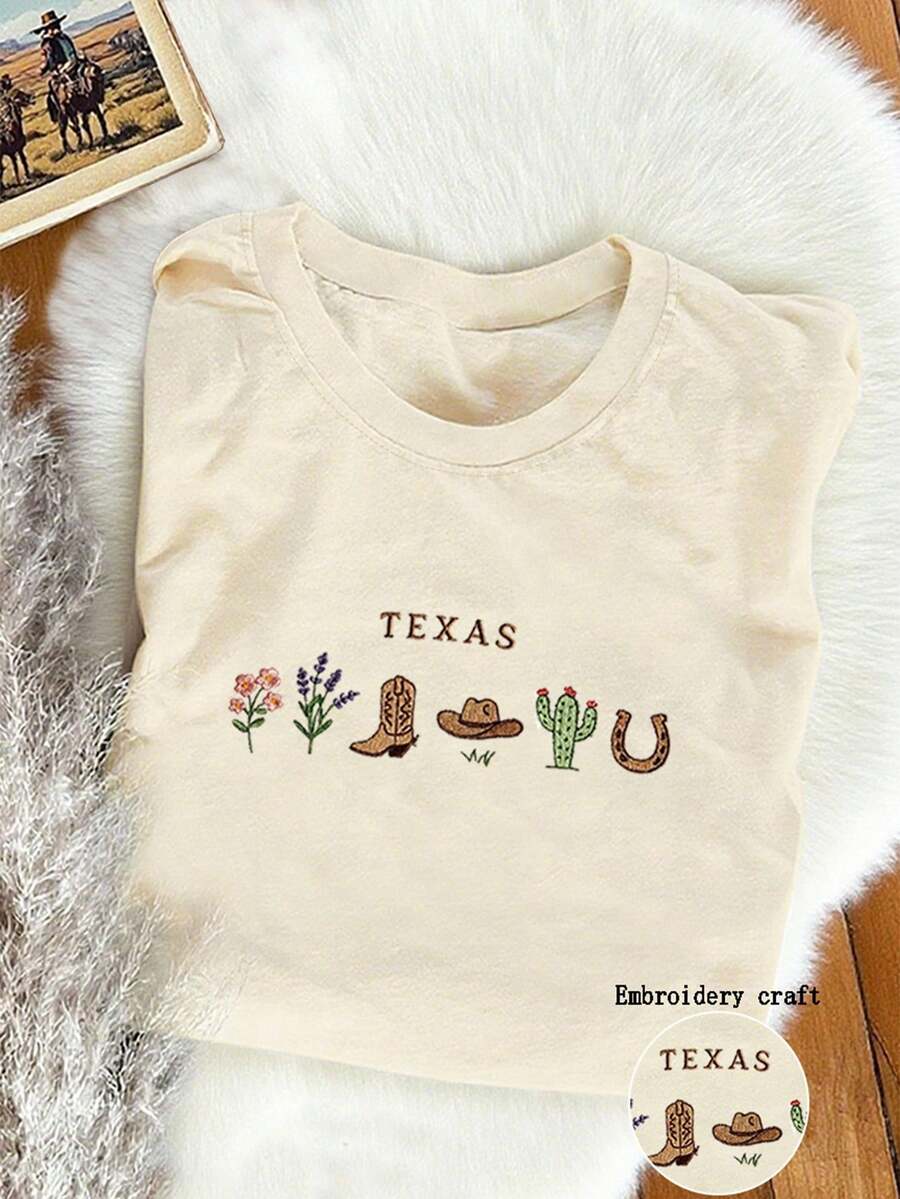INAWLY Áo nỉ cổ tròn thêu hoa Texas Bluebonnet, Hoa của tiểu bang Hoa Kỳ tùy chỉnh, Áo sơ mi quà tặng Texas 1845, Áo phông nữ tiểu bang Hoa Kỳ Cowgirl - Màu be - Xem 1