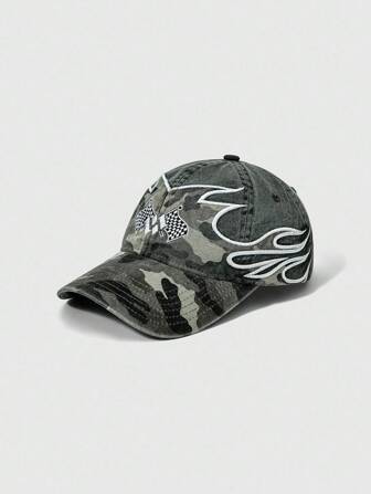 Grunge Punk Gorra de béisbol con visera estilo punk, camuflaje, llamas y doble bandera con bordado pesado. Gorra snapback versátil y de moda, unisex, adecuada para vacaciones, fiestas y compras.