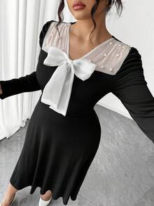 Elenzga Große Größen Schleife Perle Chiffon einfarbiges schlank geschnittenes A-Linien Langarm Kleid für Frauen - Schwarz - Übersicht 7