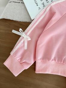 SHEIN 女婴幼儿新生儿0-3岁休闲日常百搭运动蝴蝶结装饰粉色长袖卫衣和裤子套装，秋冬 - 粉色 - 查看 4