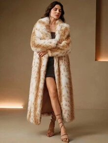 Anewsta Manteau long élégant et luxueux pour femmes avec col en fausse fourrure imprimé léopard, blocs de couleurs, hiver - Multicolore - Voir 3