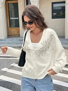 Serisse 女款仿珍珠装饰落肩长袖单排扣针织毛衣开衫，人造水钻、亮片刺绣拼布装饰设计，适合秋季单穿，冬季毛衣开衫，毛绒质感厚度适中保暖毛衣面料，优雅浪漫通勤，秋季 - 杏色 - 查看 6