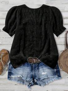 Linhara 大码女式时尚休闲网眼刺绣衬衫