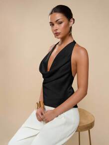 COSMINA Women's Solid Color Plunging Neckline Backless Fashionable Sexy Draped Neck Camisole,Sexy Top