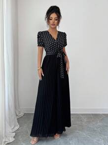 Elenzga 波尔卡圆点印花拼接交叉领口腰带裹身褶皱优雅女式连体裤 - 黑色 - 查看 4