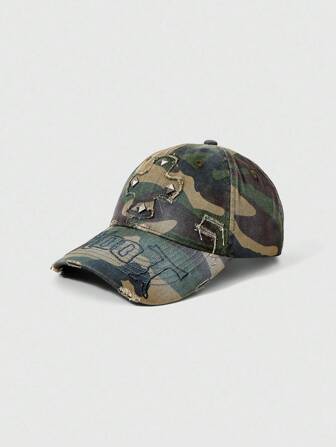 Grunge Punk Vintage Distressed Camouflage Cross Rivet Print Asymmetrical Baseball Cap, Vintage Sun Hat, Personalized Fashion Versatile Unisex Snapback