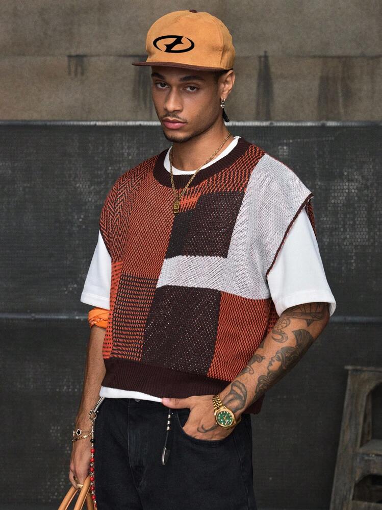 AXEPEAK Men's Geometric Pattern Crew Neck Casual Loose Knit Vest, For Fall Winter - Multicolor - View 5