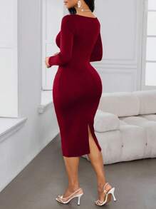 SHEIN Lady 女士优雅纯色修身中长连衣裙 - 酒紅色 - 查看 2
