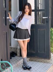 DAZY 女式侧系带百褶短款休闲裙秋季半身裙 - 灰色 - 查看 3