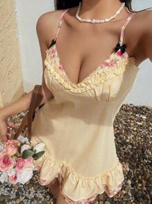 Sunnyshic 女式夏季休闲度假格子拼布碎花双层荷叶边吊带迷你连衣裙 - 黃色 - 查看 3