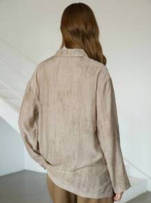 Dazy-Less Camisa de manga larga con botones, diseño asimétrico de dobladillo en degradado, estilo casual de negocios para mujer, otoño - Caqui - Ver 3