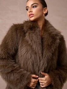 Lumalex 超大号人造毛皮领长袖宽松长款人造毛皮外套，适合女士，尽显奢华新年新风尚，低调奢华，适合舞会、聚会、宴会、低调奢华、闪耀夺目的节日派对、锐舞派对、音乐节、郊游、度假、户外、婚礼季、宴会、宰牲节、新年派对、晚宴、早春派对等场合。这款外套层次丰富，尽显奢华气质。 - 摩卡棕 - 查看 2