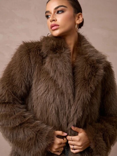 Lumalex Oversized Faux Fur Collar Long Sleeve Loose Long Faux Fur Coat For Women Luxury NewYearNewLook QuietLuxe Prom Gathering Party Banquet Modest Old Money Glitter Holiday Party Rave Festival Outing Vacation Hot Outdoor Richly Layered Wedding Season Banquet ID Al-Adha Al-Adha Party New Year Looks Of Party Gala Night Party Dress For Early Spring