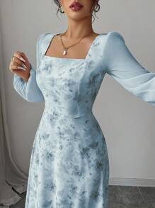 Modelyn Women's Printed Square Neck Long Sleeve Elegant Summer Dress Fall Cloth For Women