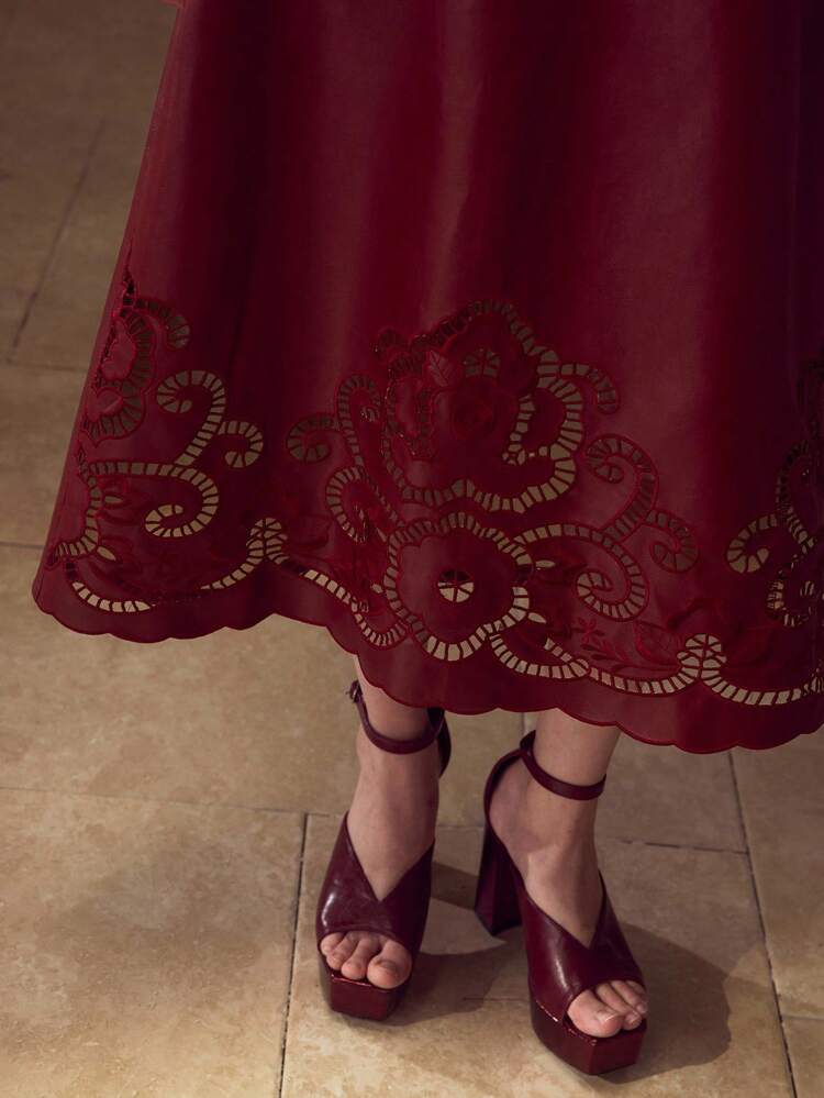 WOMEN'S HOLLOW EMBROIDERED PU SLIP MIDI DRESS