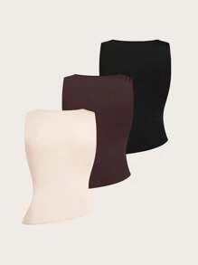 Sweetra 3 件套加大码优雅无袖圆领纯色修身休闲吊带背心 - 彩色 - 查看 2