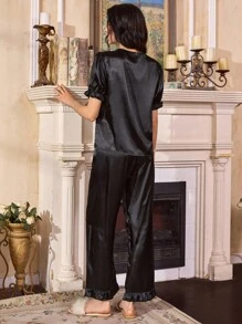 Conjunto de pijama de mujer Côtesoire con volantes fruncidos, decoración de lazo y pantalones con dobladillo de volantes de parche, conjunto de ropa de dormir de seda sintética, estilo elegante de palacio francés