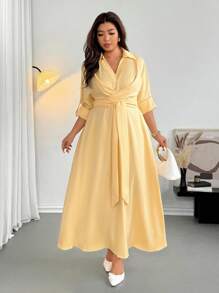 Firerie 大码女士优雅休闲衬衫裙，卷袖，交叉领结，V 领，适合任何场合，长款，春夏 - 黃色 - 查看 7