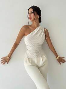 Firerie 女士杏色条纹不对称肩部衬衫，日常通勤衬衫，斜肩度假衬衫，春夏服装，海滩，通勤，优雅，度假，波西米亚，工作装 - 杏色 - 查看 6