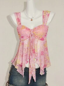 SHEIN ICON Women's Ditsy Floral Asymmetrical Hem Cute Floral Blouse, Adorable Summer Top Fall Women Clothes