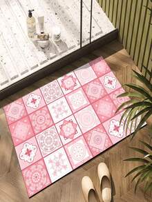 SHEIN 1pc Home Decor, Pink Floral Tile Print Boho Style Diatomite Kitchen Rug, Water-Absorbent, Anti-Slip, Stain-Resistant Kitchen Mat - Great For Farmhouse, Entryway, Indoor, Room Decor, Kitchen, Dining Room, Small Office/Home Office, Sink, Laundry Room