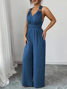 Selianne Bộ đồ liền thân ống rộng buộc eo cổ chữ V dành cho nữ, màu xanh, trang phục thường ngày mùa hè - Màu xanh ngọc - Xem 5