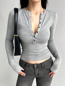 DAZY 女式半拉链长袖紧身T恤，秋季女装 - 灰色 - 查看 10