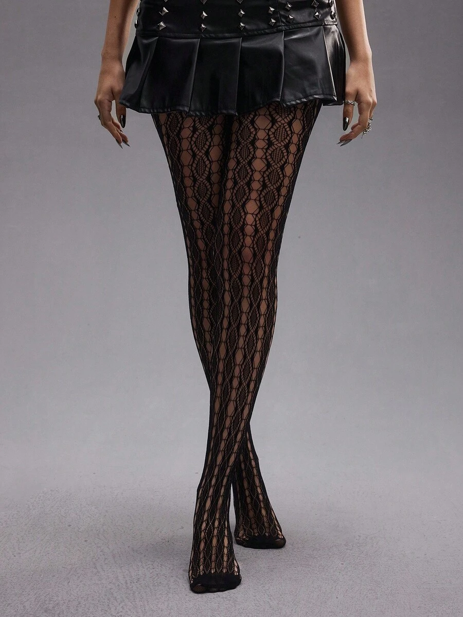 ROMWE Grunge Punk 1pc High Elasticity Hollow Out Ripped Sexy Fishnet Tights/Pantyhose/Leggings For Women - Black - View 1