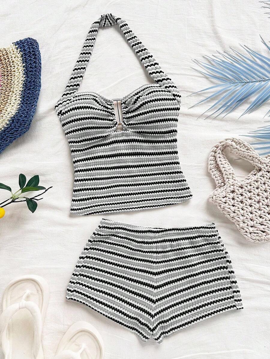 Soleia Women's Striped Ruffle Halter Top And Shorts 2 Pieces Set Striped Two Piece Set Halter Two Piece Women Striped Set - Multicolor - View 1