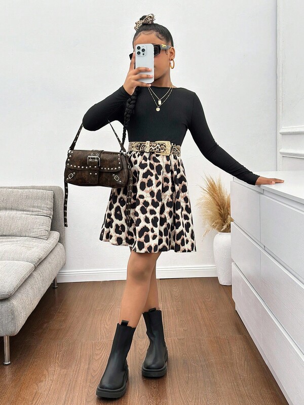 Tween-Mädchen Strick-Patchwork-Kleid mit Leopardenmuster und Blumenmuster, langärmelig, tailliert, lässig, vielseitig für jeden Tag