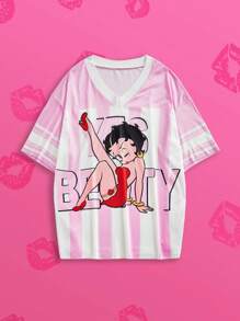 Betty Boop x SHEIN Slaydiva 大码卡通人物条纹宽松V领落肩粉色短袖棒球网眼T恤