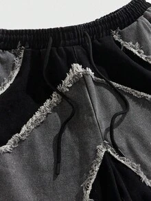 ROMWE MEN Grunge Punk 男士夏季休闲撞色拼布磨边牛仔短裤 - 黑色 - 查看 3