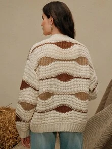 Anewsta Áo len cardigan màu tương phản, phù hợp cho mùa thu/đông và kỳ nghỉ - Màu be - Xem 2