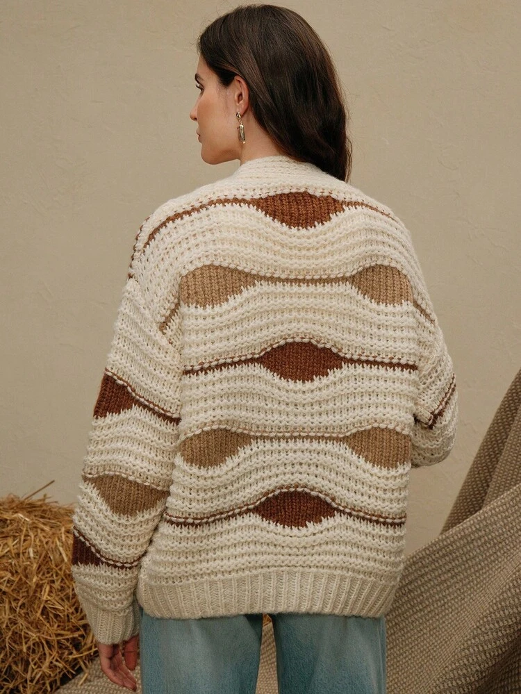 Contrast Color Knit Cardigan, Suitable For Autumn/Winter And Vacation