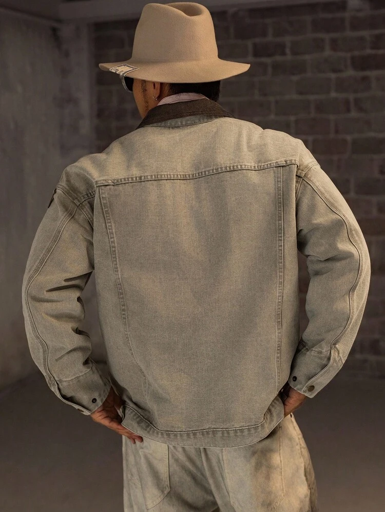 Men's Contrast Color Collar Patchwork Pocket Design Gray Khaki Jacket And Coat, Autumn