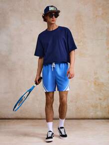 Surfspeed Men's Palm Tree Print Drawstring Waist Pocket Beach Shorts - Blue - View 4