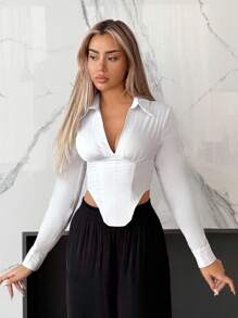 SHEIN ICON Blusa de mujer de manga larga con cuello en V, ajustada, sexy y ropa de mujer para otoño - Blanco - Ver 4