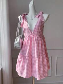 Comfortcana 女式格纹吊带V领泡泡袖迷你连衣裙 - 粉色 - 查看 3