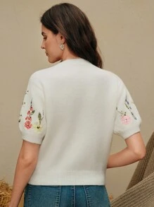 Anewsta Herbst Damen besticktes, perlenbesetztes, buntes Blumen Rundhals Kurzarm Strickoberteil, geeignet für Ausflüge und Konzerte