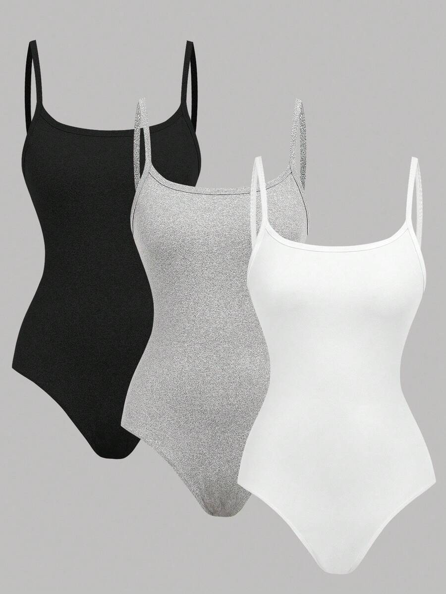 SHEIN Girlism 青少年女孩三件套休闲修身细肩带女童连体裤，非常适合夏季穿着 - 灰色 - 查看 1