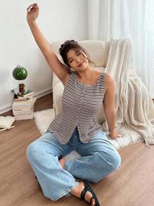 Lounesse 大码女式休闲撞色条纹印花纽扣前开襟无袖上衣，夏季，女教师款，教师衬衫，办公室工作春季款 - 卡其色 - 查看 7