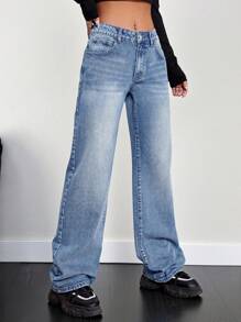 SHEIN EZwear Verwaschen Denim Blau Schräggesetzte Tasche Weite Bein Jeans