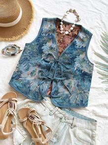 Soleia Women's Casual Vacation, Beach Wedding Guest, Graduation, St. Patrick's Day, Spring Break, Easter, Music Festival Elegant Bohemian Tropical Bowknot Strap Vest, Retro Jacket Top For Autumn/Winter